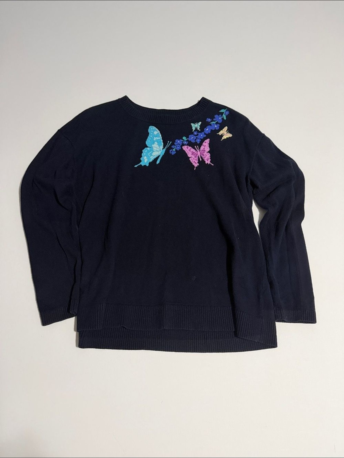 Talbots Women’s Navy Sweater with Multicolor Butterfly Embroidery - M