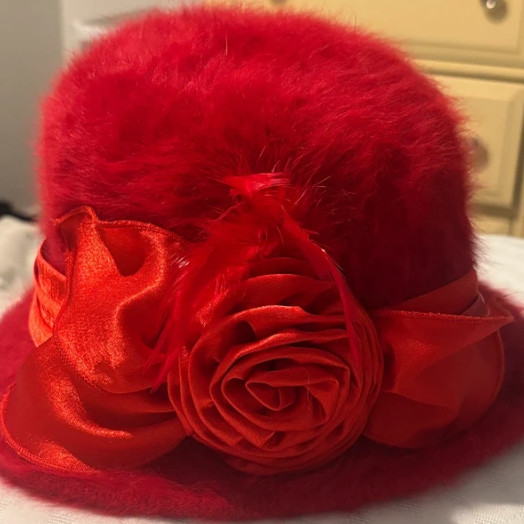 Red 50% Angora Blend Cloche Hat 1920s Flapper Satin Rose Women Winter OS