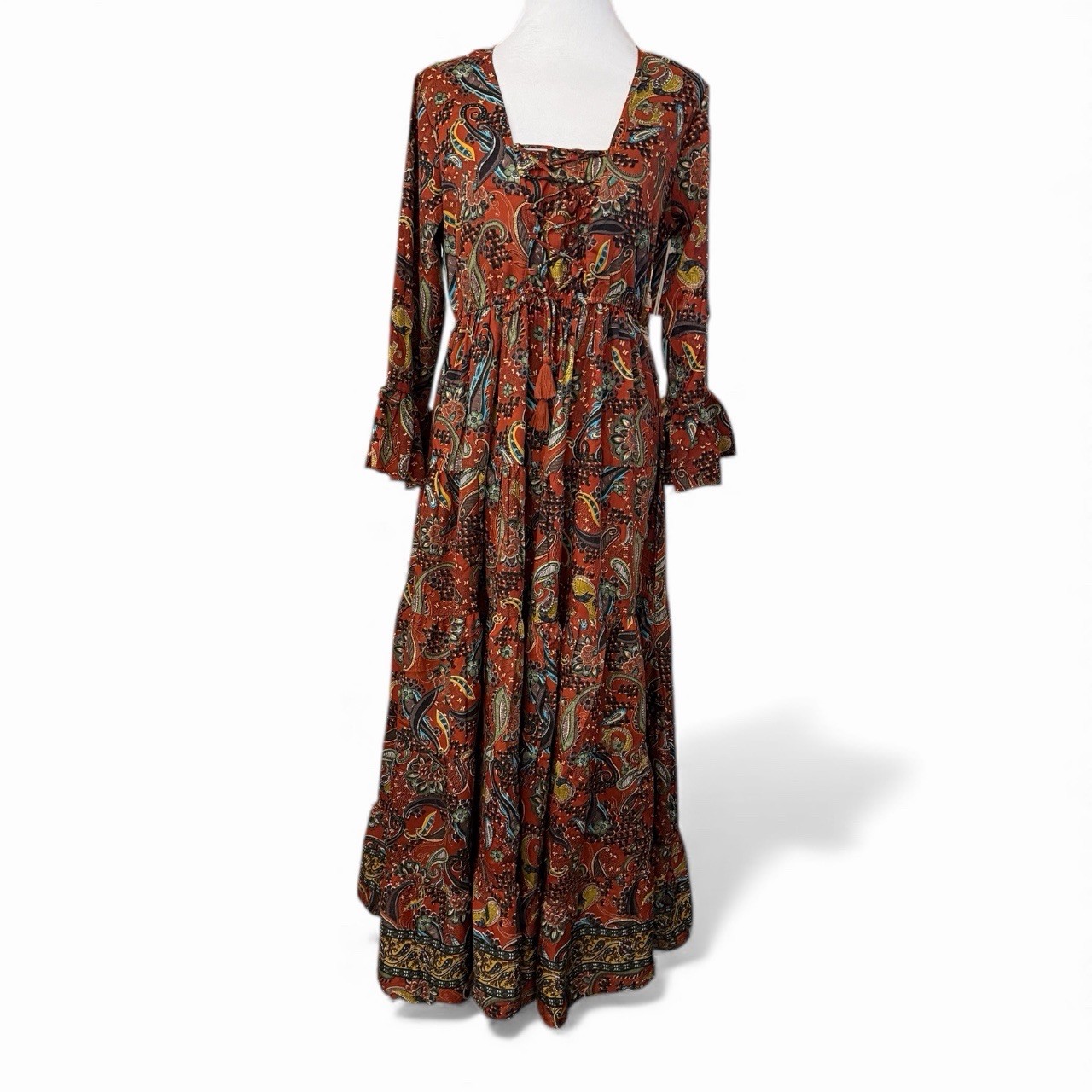 Boemo Anthropology Women\'s Paisley Maxi Tiered Dress Long Sleeve Floral Sz M