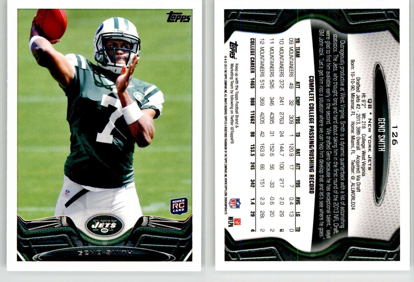 Geno Smith 2013 Topps #126 WVU Jets Raiders RC Rookie Geno Smith 2013 Topps #126 WVU Jets Raiders RC Rookie