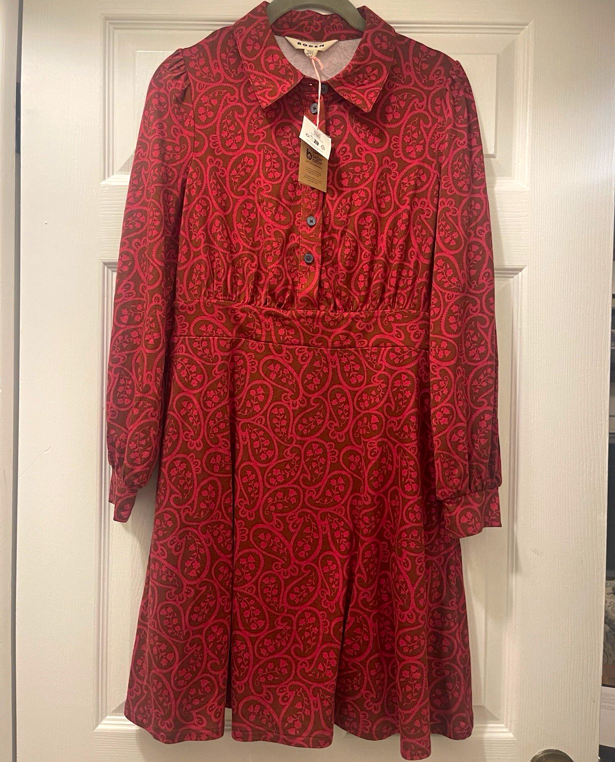 Boden Red/Brown Paisley Cotton Jersey Shirt Dress 10P Petite Collared Button Boden Red/Brown Paisley Cotton Jersey Shirt Dress 10P Petite Collared Button