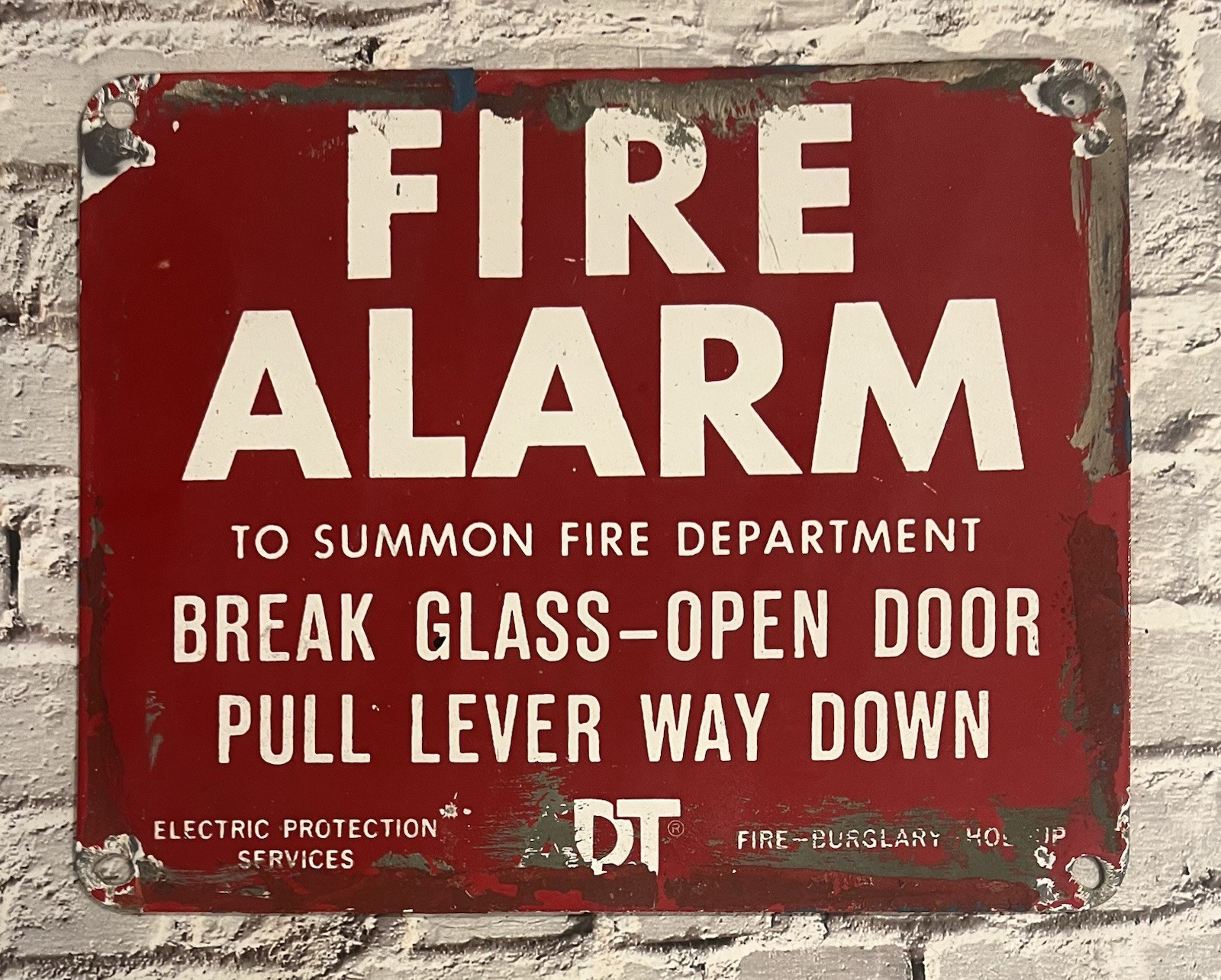 Vintage ADT Fire Alarm Break Glass-Open Door Metal Sign
