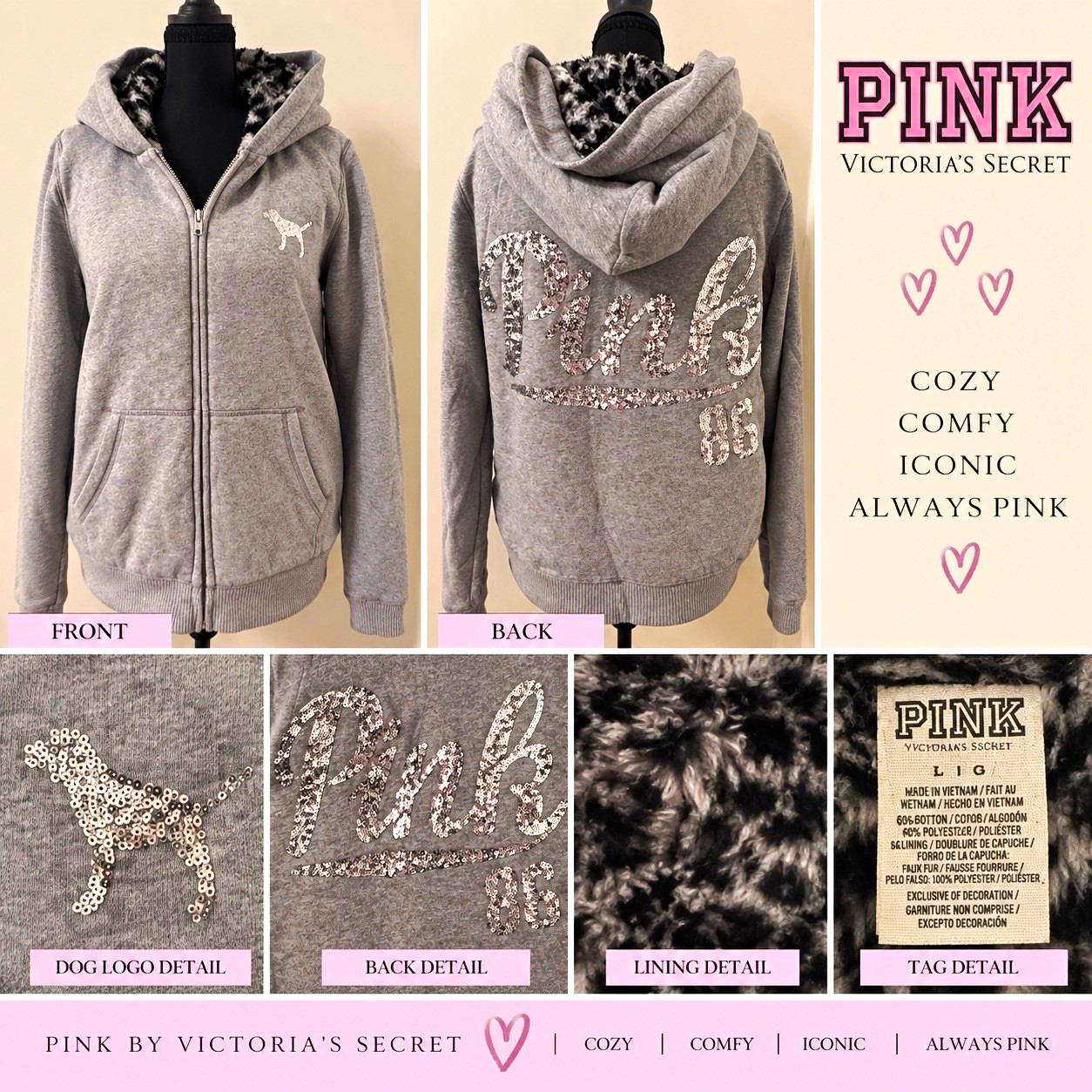 PINK Victoria\'s Secret Gray Full Zip Fleece Hoodie Faux Fur Lined Sequin L