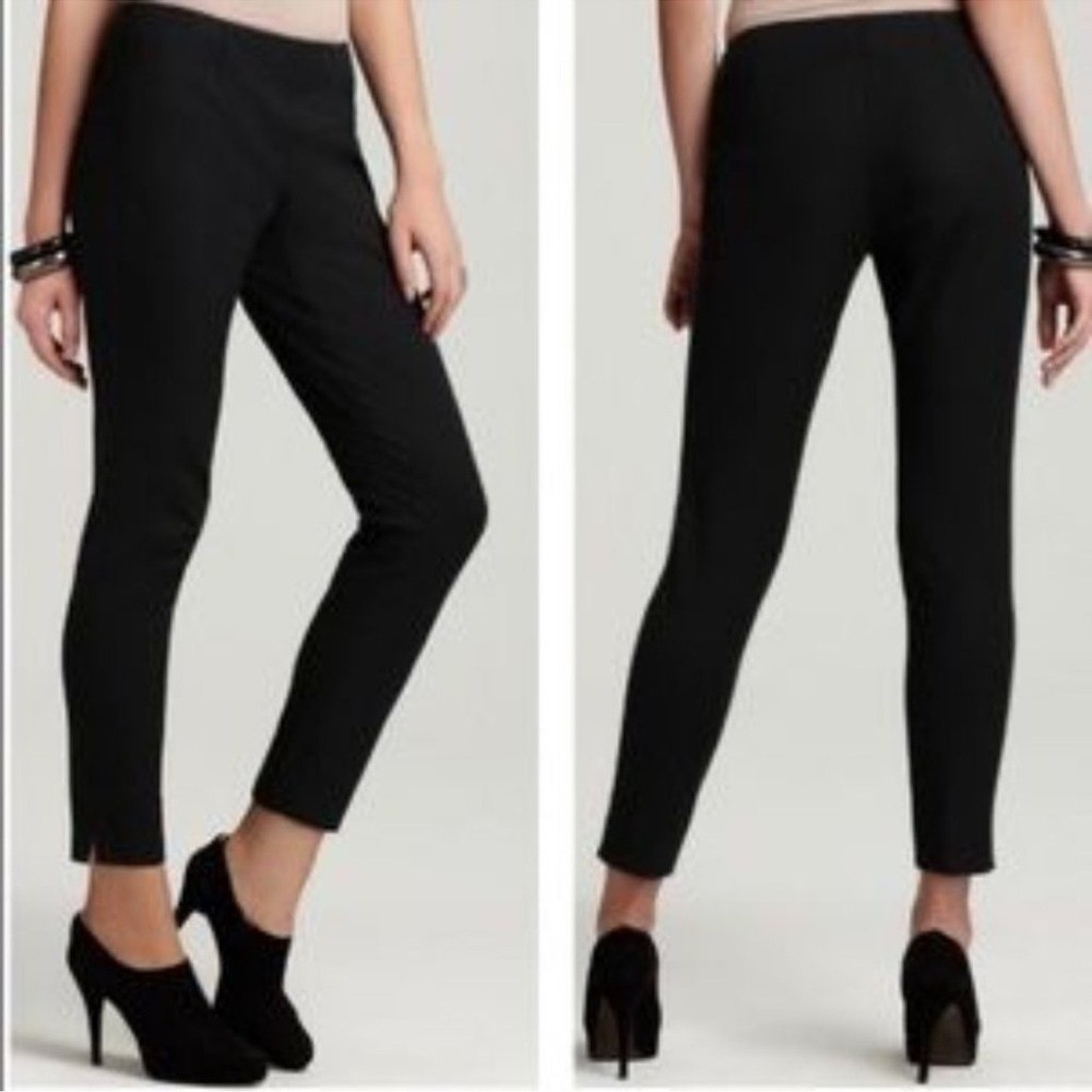 Theory Belisa BiStretch Black Trouser Pants 4 Ankle Side Zip Pleated Split Hem