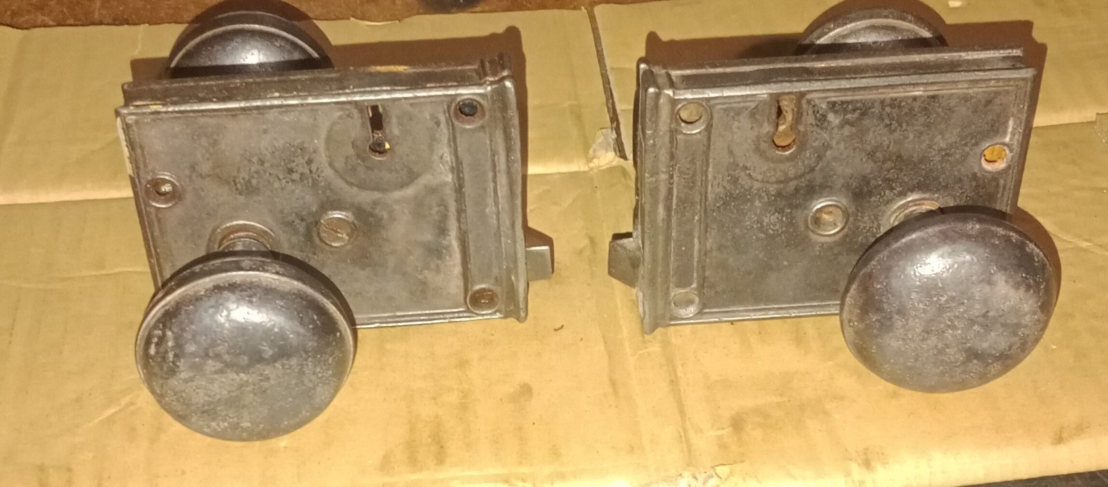 Pair Antique Cast Iron Rim Lock Sets Surface Mount Door Knobs Hardware Salvage