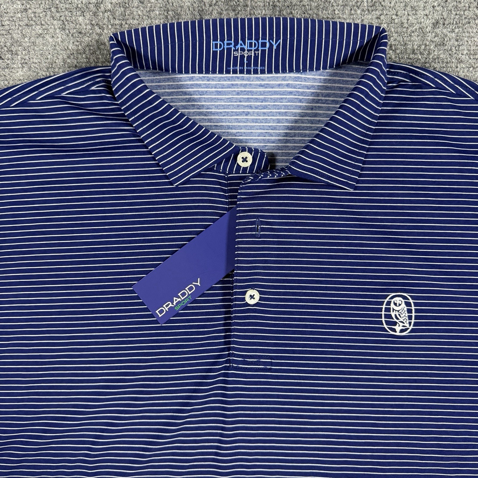 Draddy Sport Old Barnwell Golf Polo Men Large Blue Striped Performance Owl NEW