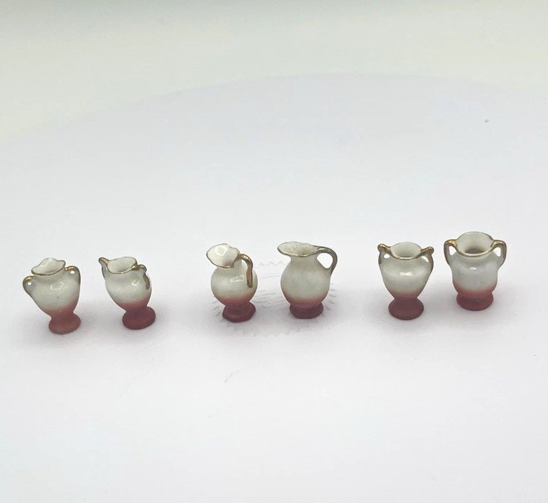 Vintage Miniature Ceramic Pitcher Vase Set Made In Japan Pink Gold Trim Box 1:12