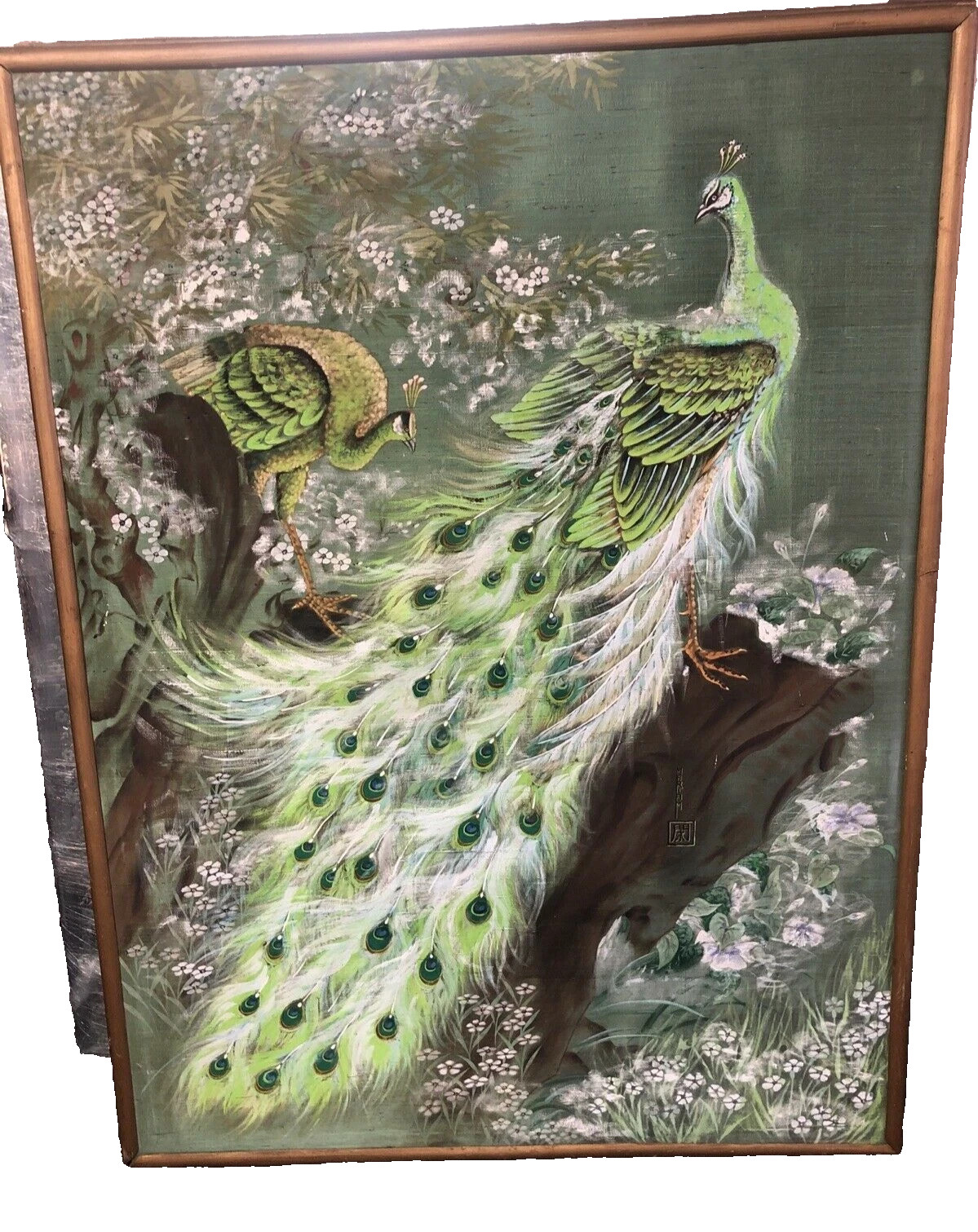 Large Size Hand Painted On Thin Canvas, Peacock, Signed Japan 54”x40”x1 1/2” In