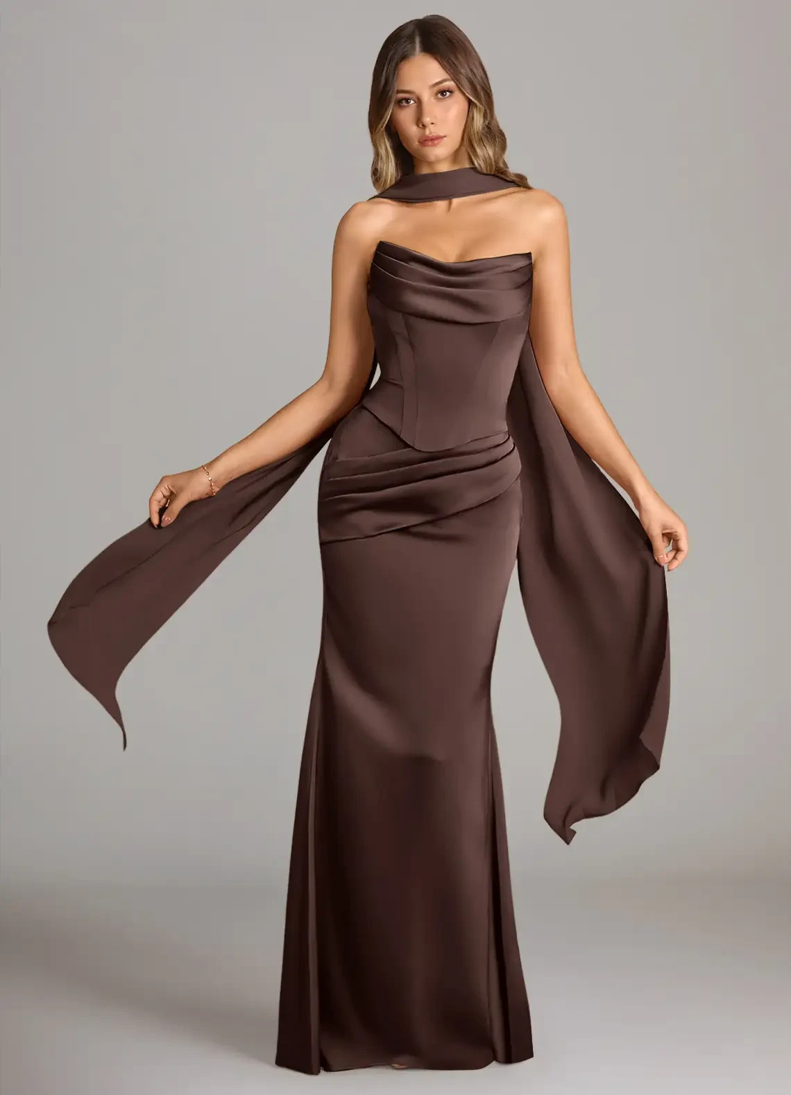 Azazie Sorrel Ganache Mermaid Strapless Satin Convertible Dress A8 Scarf Wedding