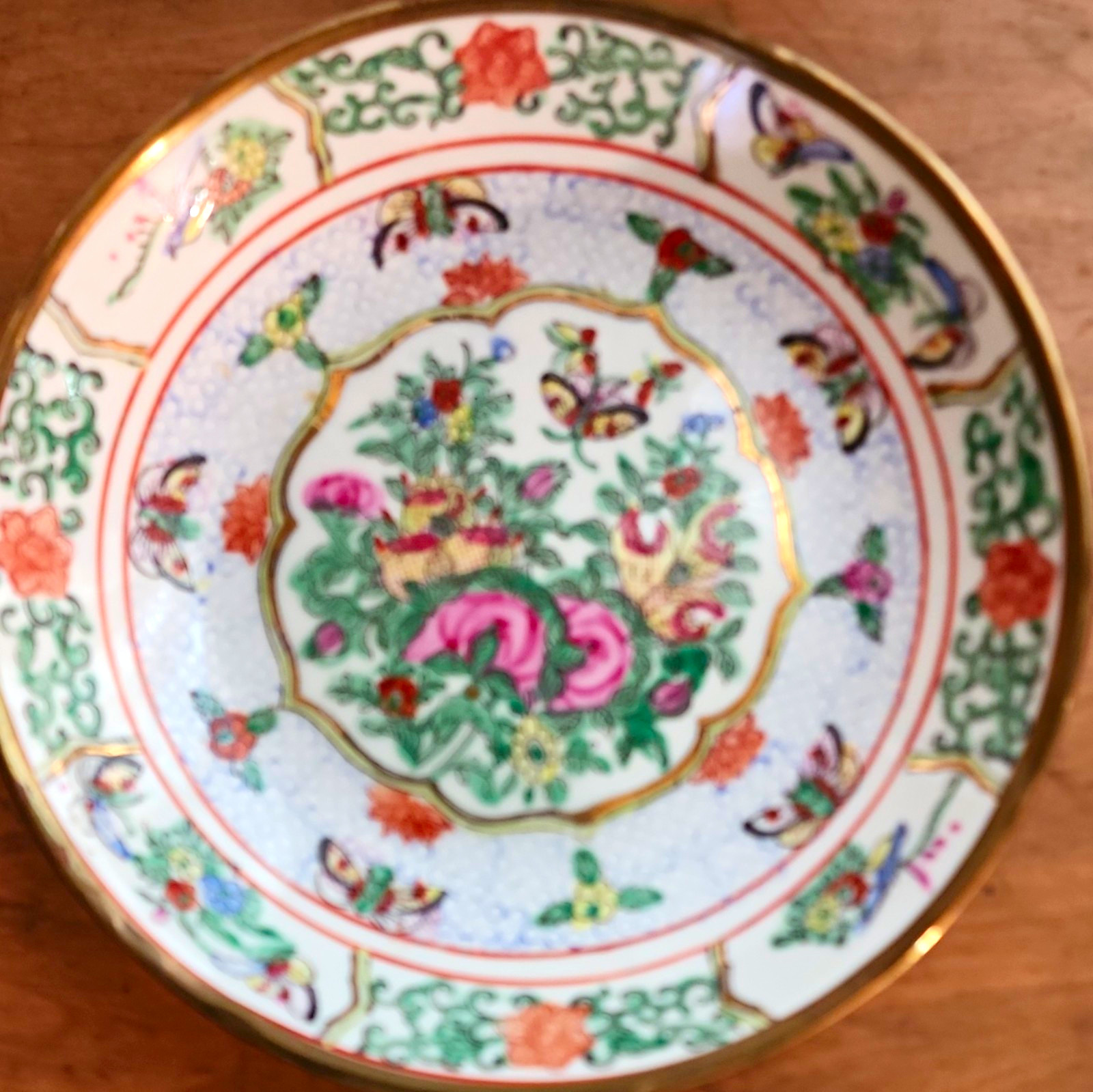 Chinese Porcelain Decorative Plate Gold/Gilt Rim Floral Bird/Butterfly Red Mark