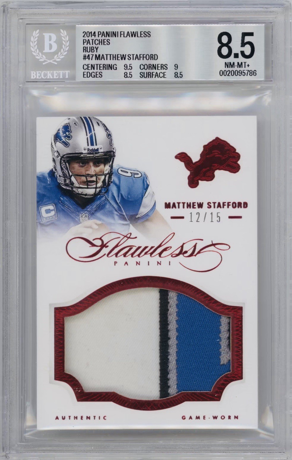 2014 Panini Flawless Ruby /15 Matthew Stafford Game Worn 4 Color Patch BGS 8.5
