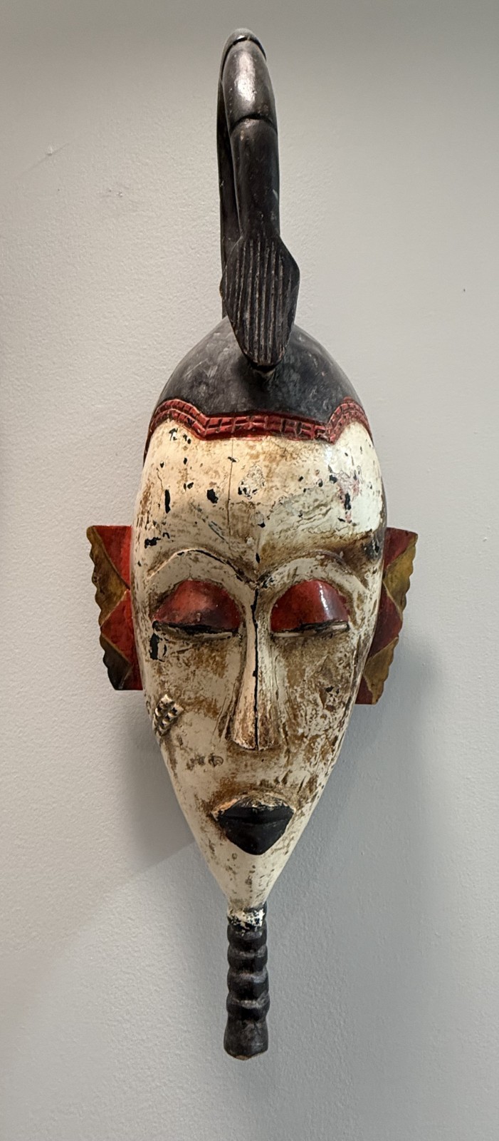 Vintage Punu Mask Gabon African Art Crested Bird Hornbill White Kaolin Wood 21\