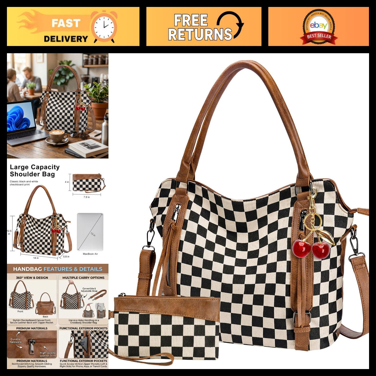 Checkered Crossbody Bag with Wallet, Large Capacity Brown Purse & Cherry Charm Checkered Crossbody Bag with Wallet, Large Capacity Brown Purse & Cherry Charm