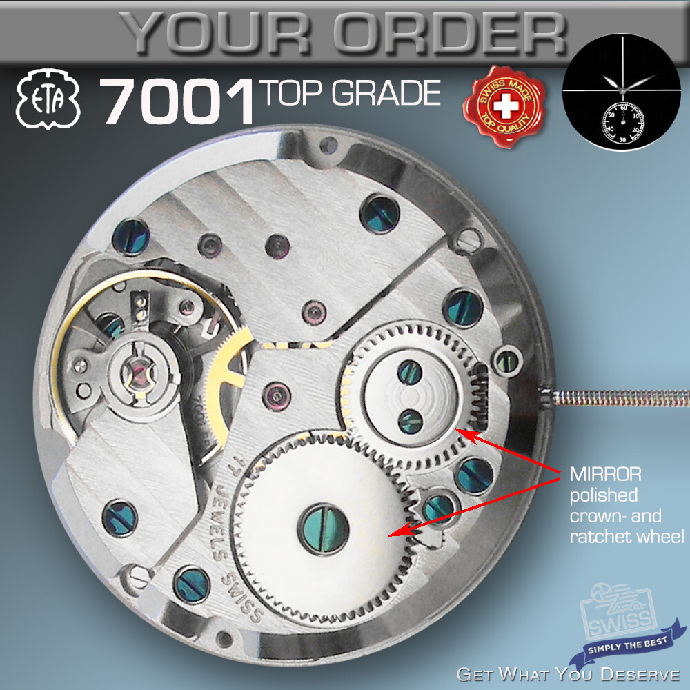 MOVEMENT,  ETA 7001,  TOP GRADE GLUCYDUR BALANCE, CDG, BLUE SCREWS, SWISS MADE