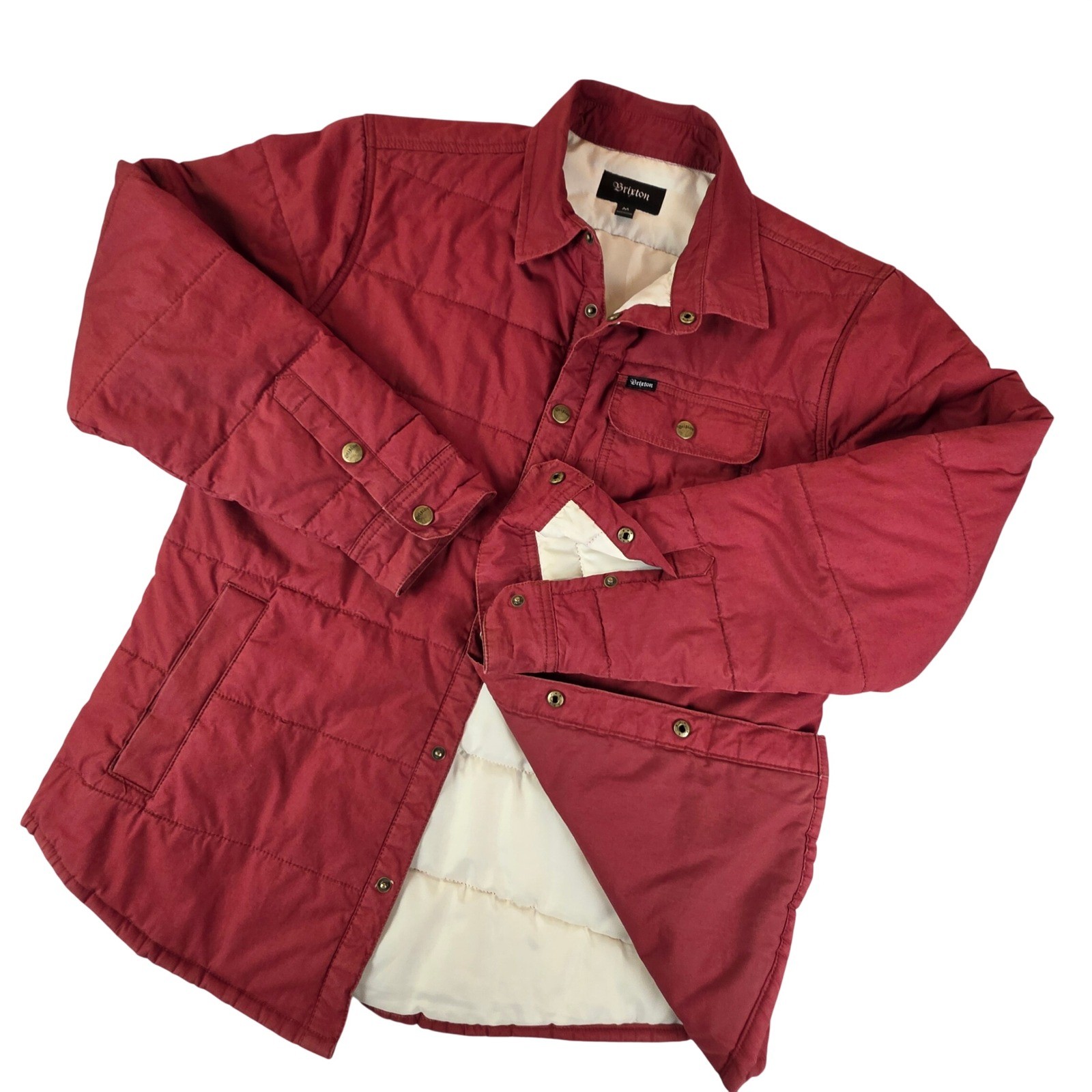Brixton Cass Quilted Jacket Mens Medium Red Snap Front Puffer Shirt Jacket