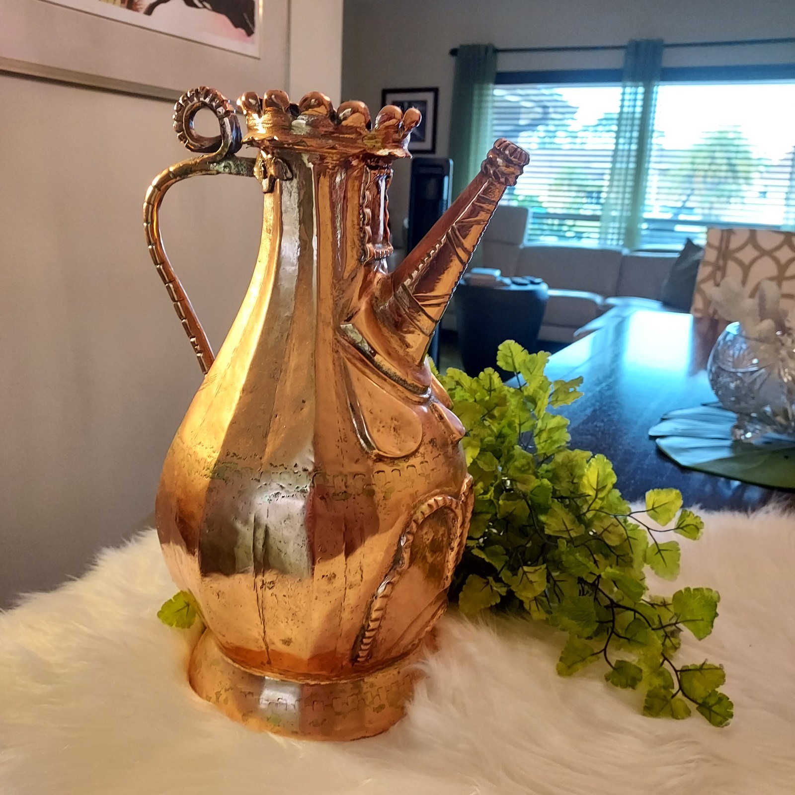 VTG Hand forged Copper Pitcher w Ornate Handle Decorative Collectible Metalware