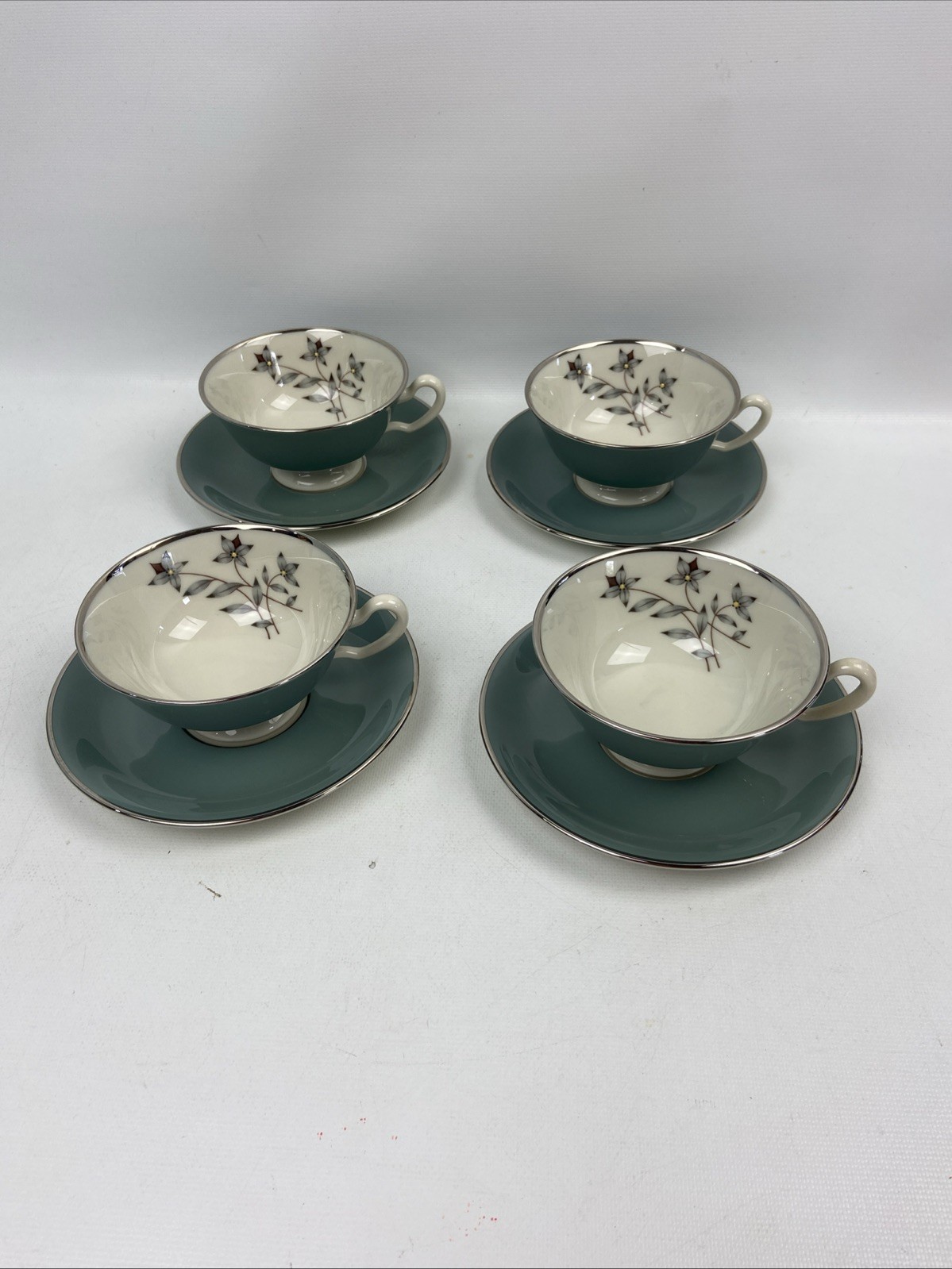 Lenox Kingsley X-445 Teal Band Silver Trim Coffee Cups & Saucers, 4 sets Lenox Kingsley X-445 Teal Band Silver Trim Coffee Cups & Saucers, 4 sets