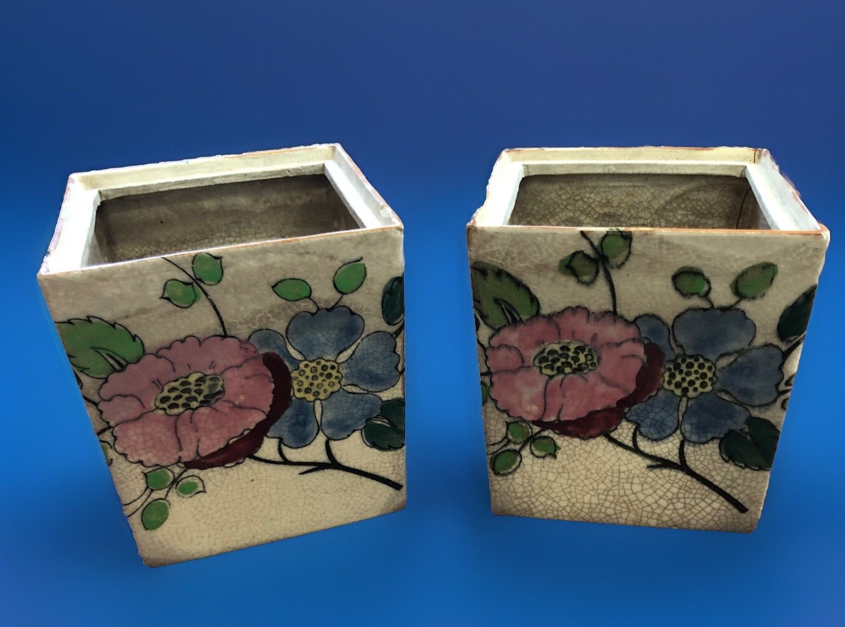 Vtg Pair Of Glazed Crackled Ceramic Handpainted Square Planter Containers Vtg Pair Of Glazed Crackled Ceramic Handpainted Square Planter Containers
