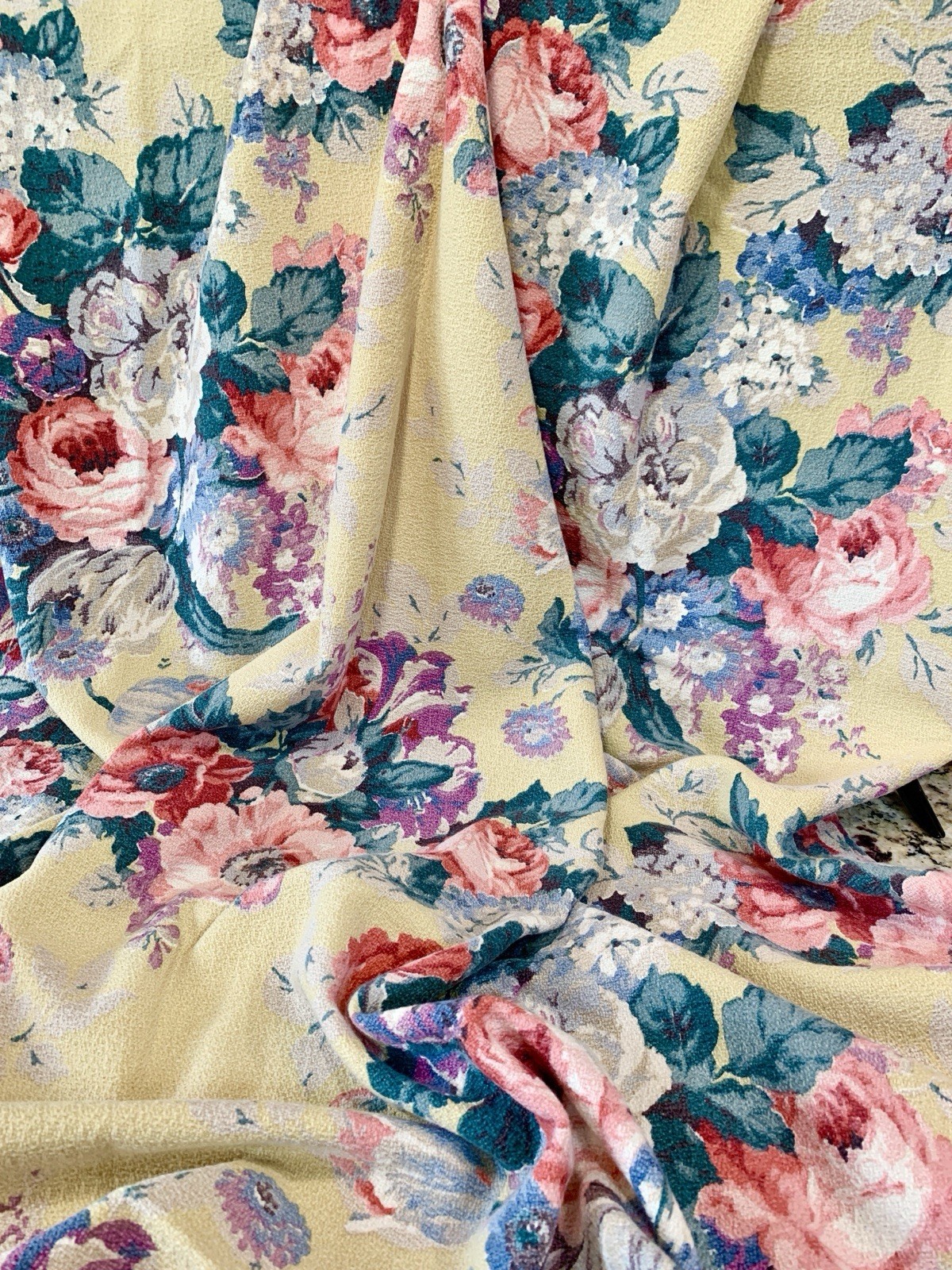 Vintage Yellow Barkcloth Romantic Floral Bouquet Heavy Cotton Panel 101\