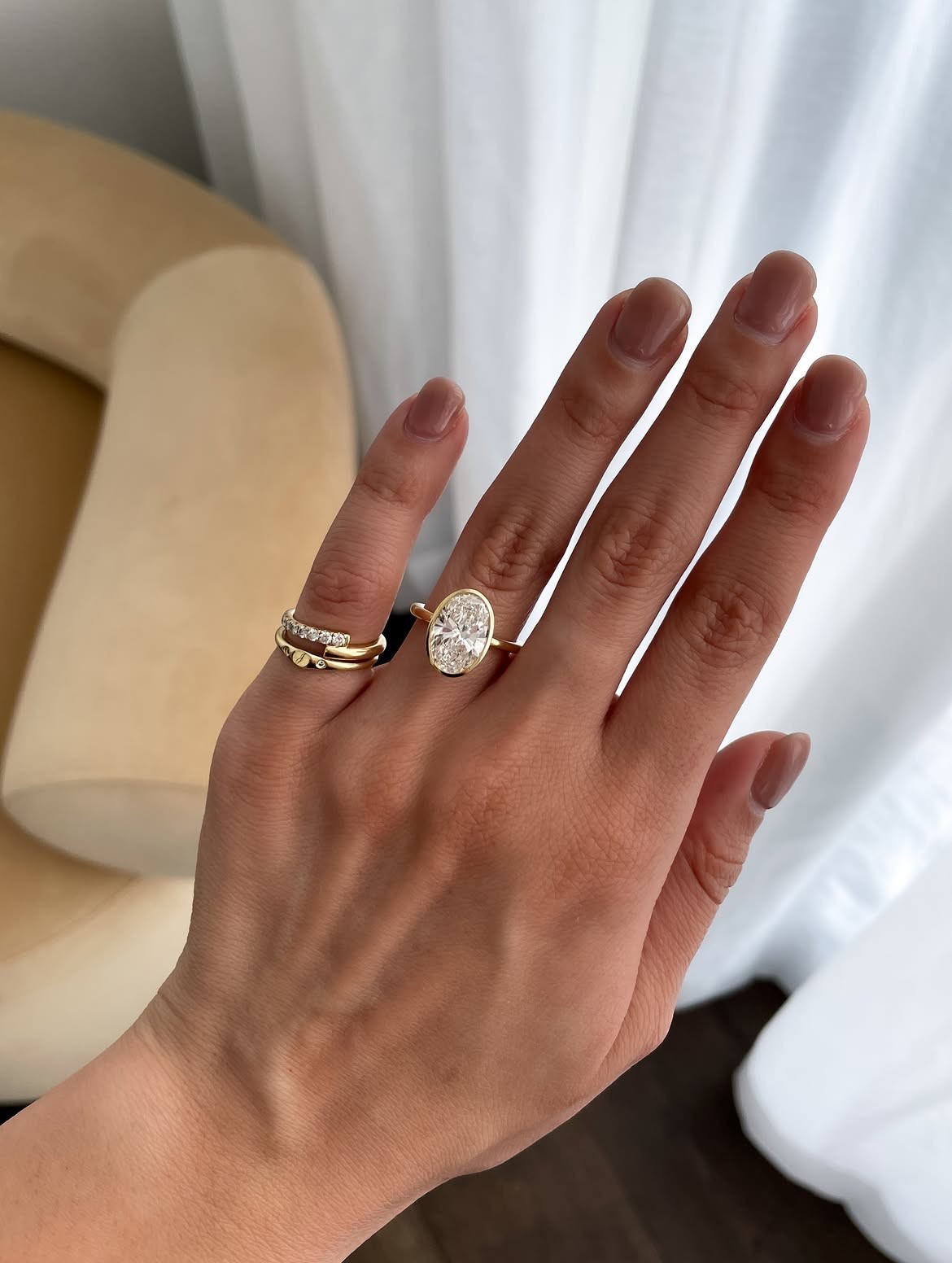 Luxury 3Ct Oval Cut Lab Grown Diamond Bezel Solitaire Anniversary Ring 14K Gold