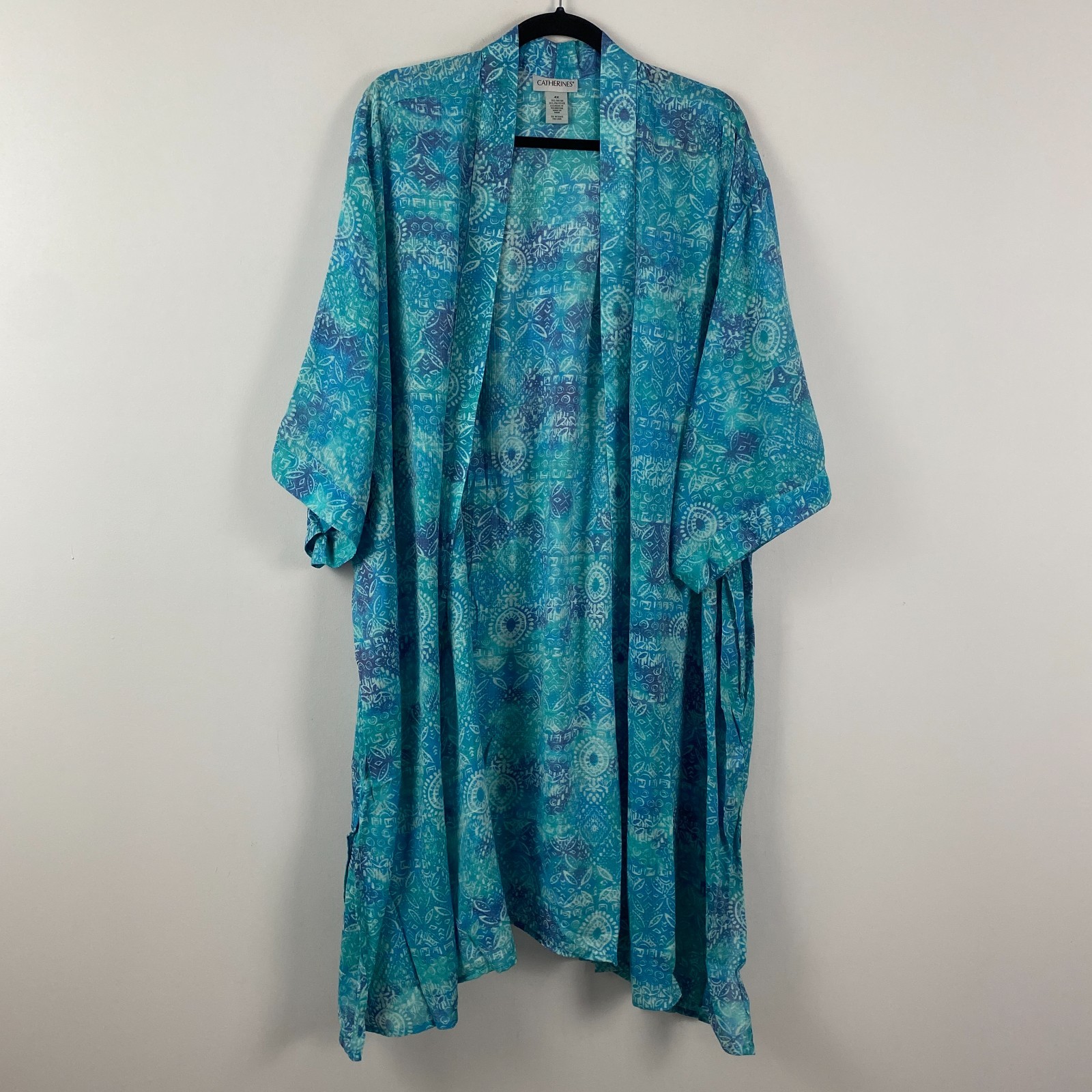 Catherines Open Front Kimono Cardigan Size 4X Blue Turquoise 3/4 Sleeves