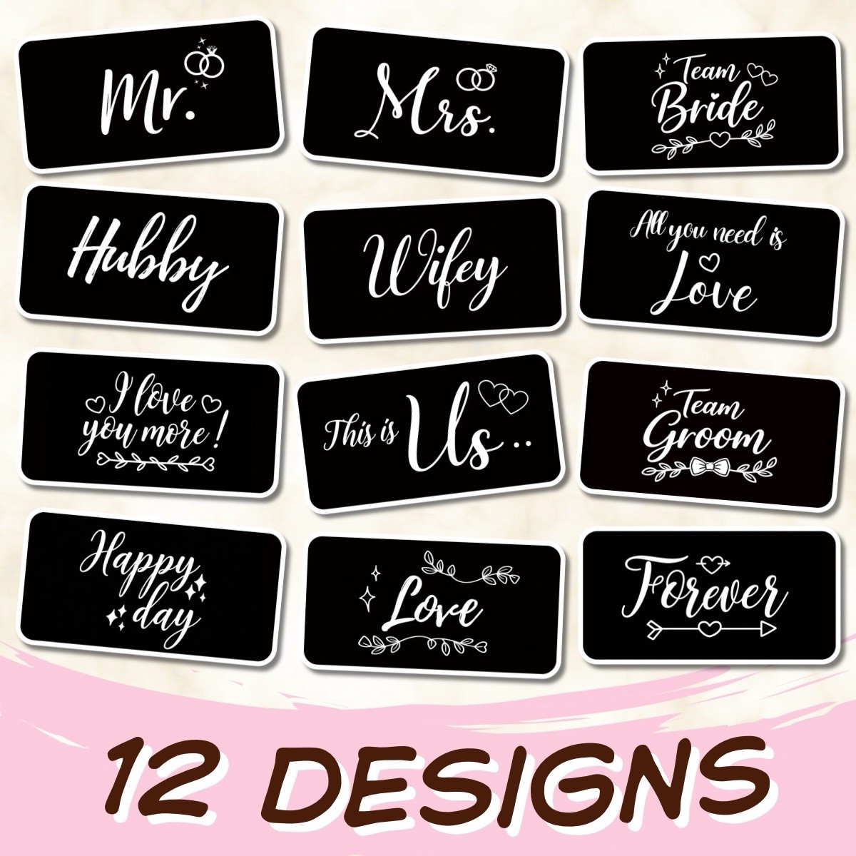 12 Designs Wedding Photo Booth Props PVC Signs 6 Double Sided Bride Groom Mr Mrs
