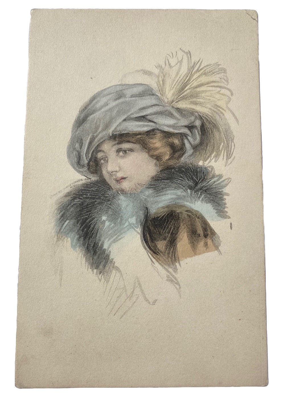 Sketch of Pretty Victorian Woman w/ Fancy Hat ~ Antique 1910s Postcard