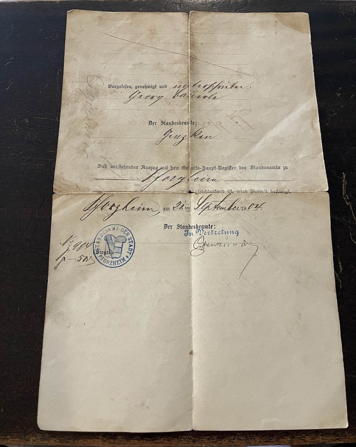 Antique German Germany Birth Certificate 1885 Pforzheim Georg Bauerle Teamster
