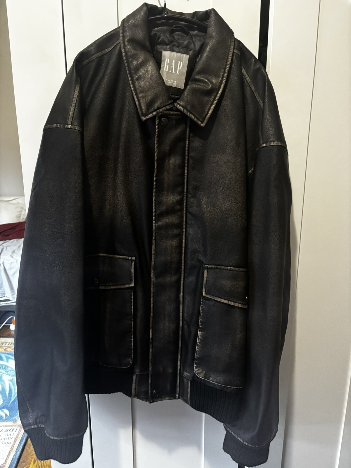GAP Recycled Vegan Leather Bomber Jacket Men’s XXL Black Distressed GAP Recycled Vegan Leather Bomber Jacket Men’s XXL Black Distressed