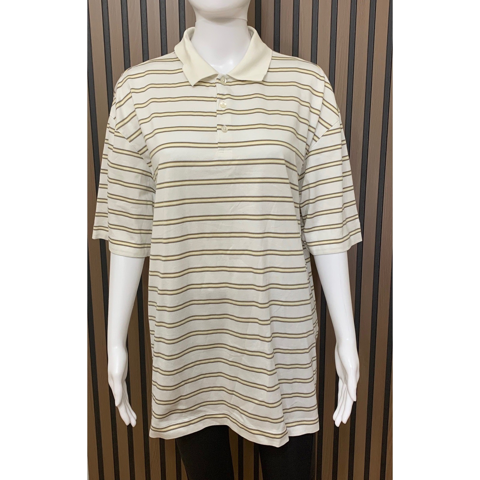 Nike Tiger Woods Collection Striped Golf Polo Shirt White Tan Men\'s L Fit Dry