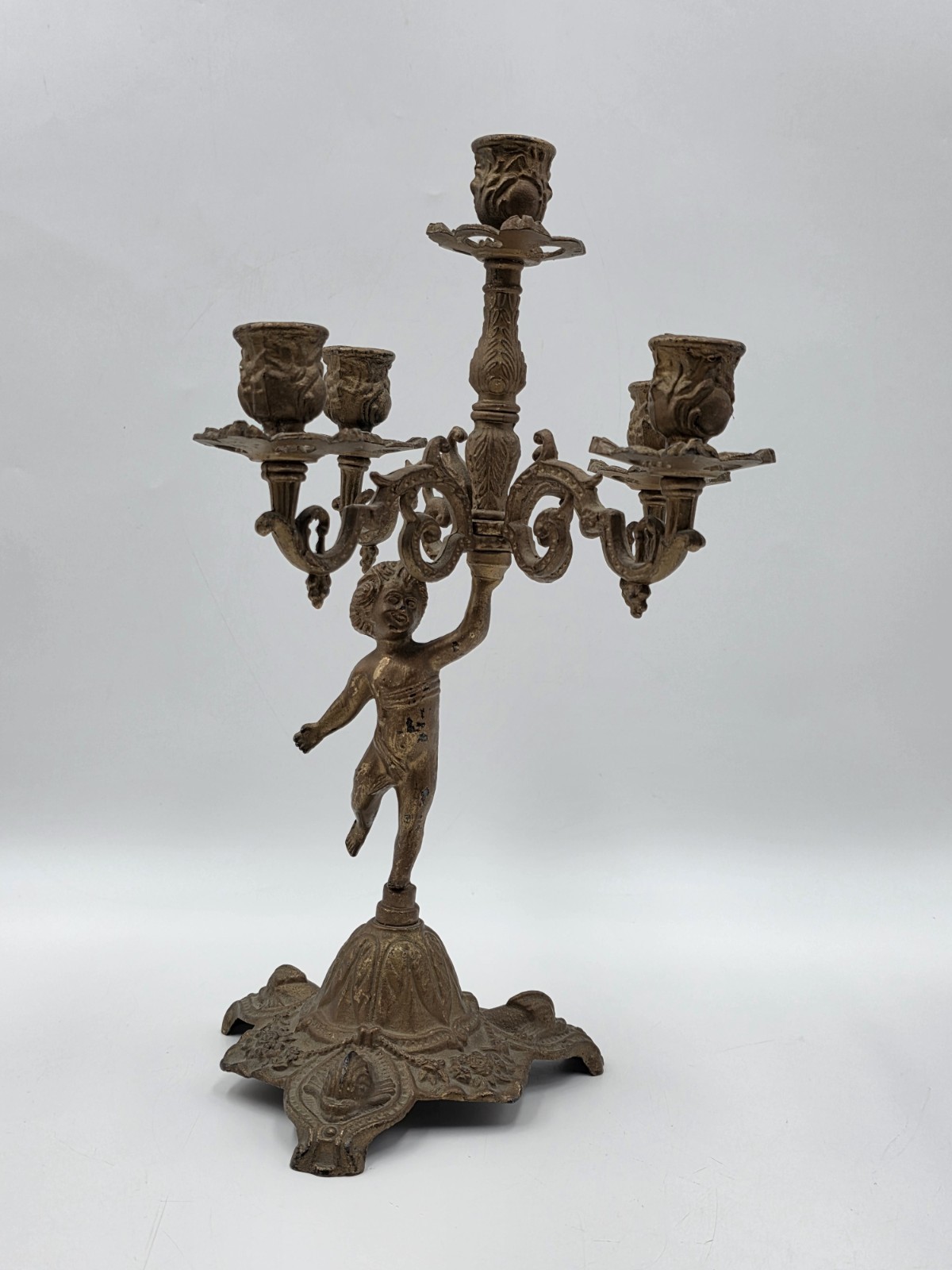 Rare Antique Rococo Cherub Putto 5 Light Candelabra Figural Ornate Candle Holder Rare Antique Rococo Cherub Putto 5 Light Candelabra Figural Ornate Candle Holder