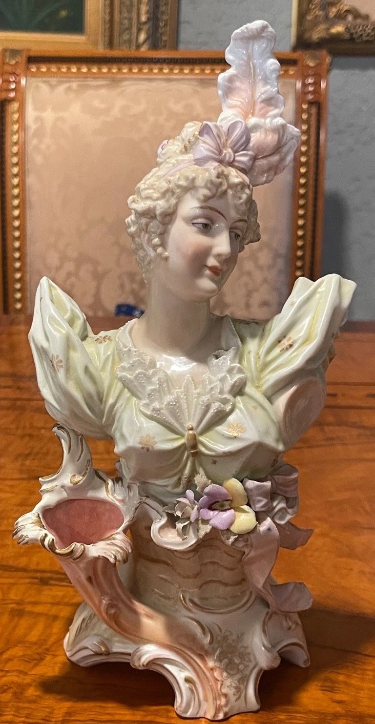 Antique Lady Bust Figurine Complete With Curved Bud Vase A&E Muller Rare Beauty