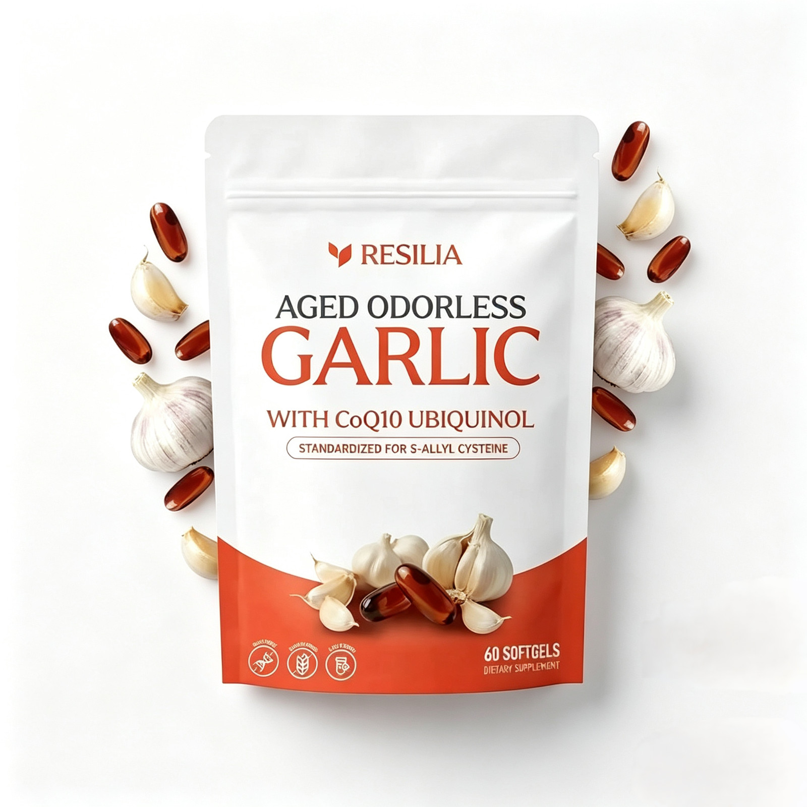 1-5Pack Resilia Odorless Aged Garlic Extract 600mg CoQ10 Ubiquinol K 60 Softgels