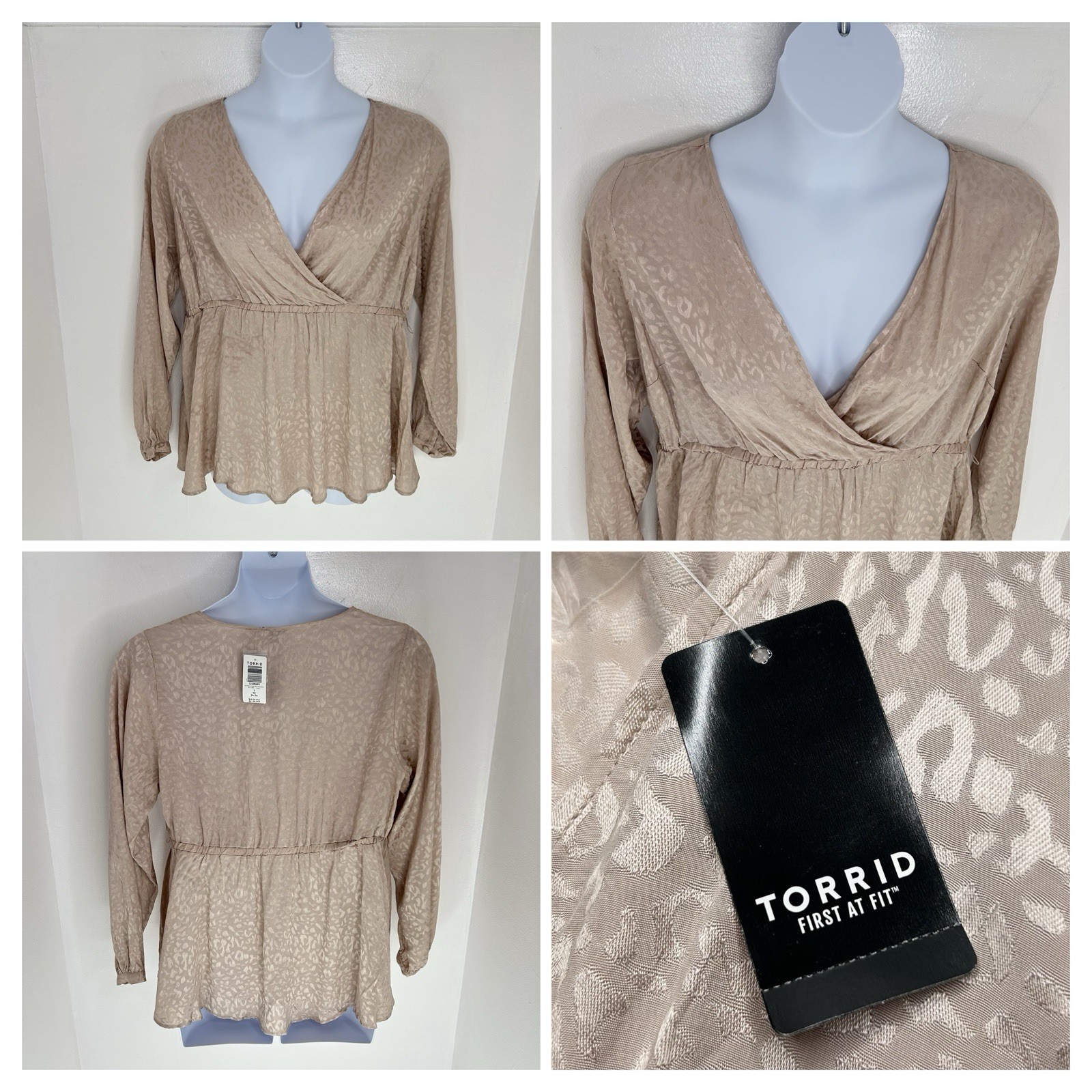 Torrid NWT Taupe Jacquard V-Neck Wrap Front Top Size 1X Long Sleeve Leopard $49