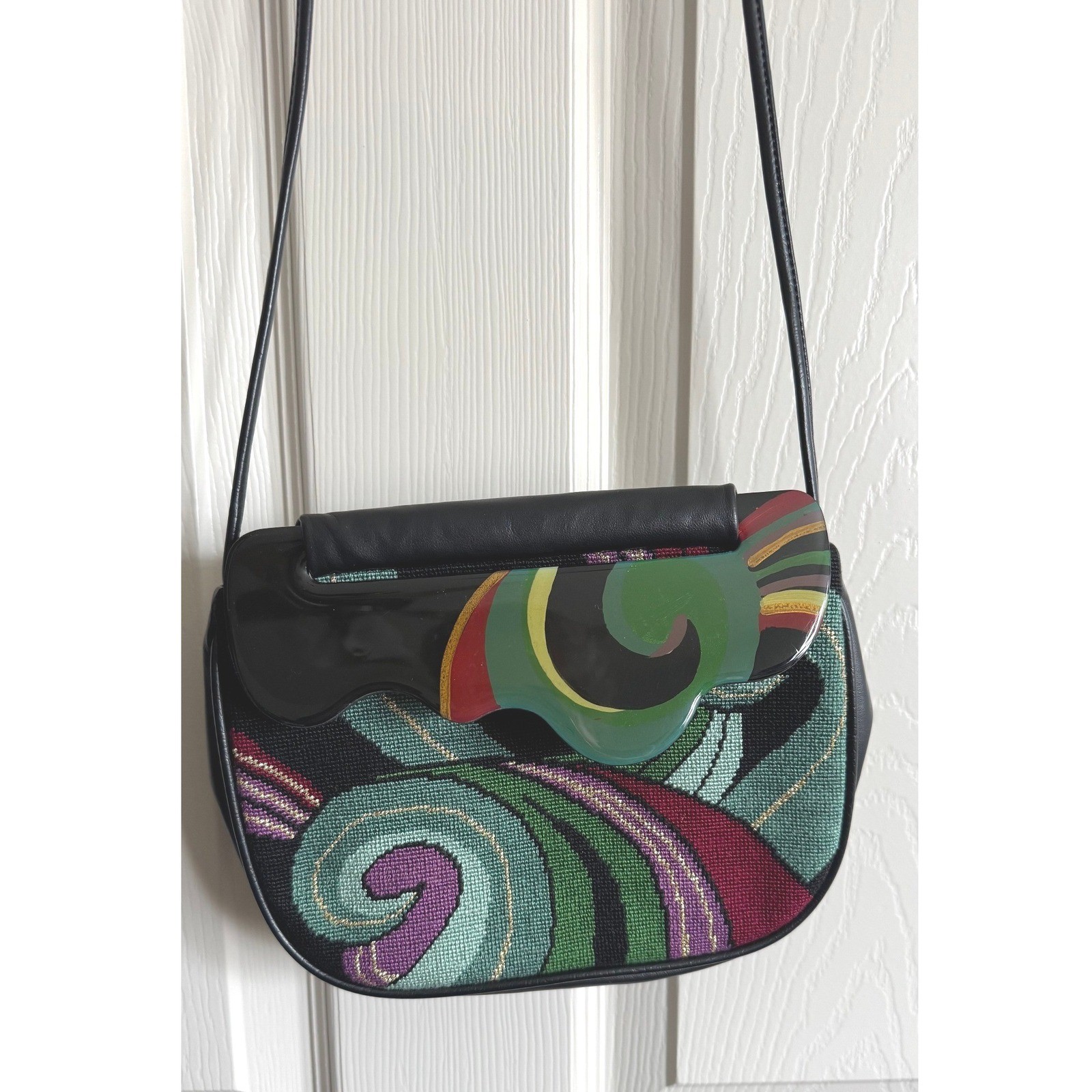 Vintage Patricia Smith Moon Bag Black Leather Abstract Purse 80s Art Deco