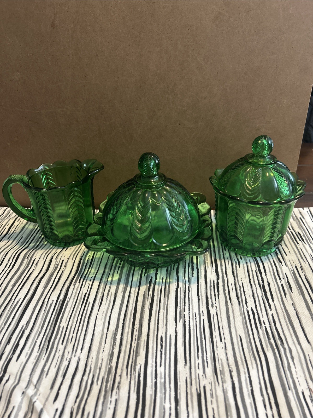 3 Piece Table Set Green EAPG US Glass 15048 Rare Florida Pattern Early 1900’s 3 Piece Table Set Green EAPG US Glass 15048 Rare Florida Pattern Early 1900’s