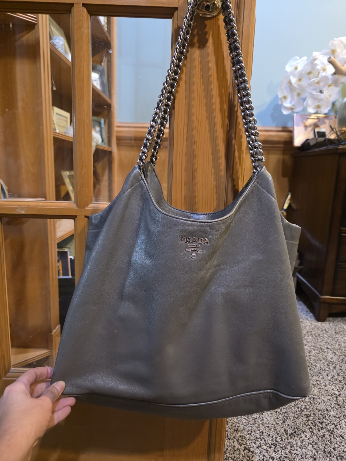Prada Soft Calf Chain Tote Bambu Gray Leather Silver Chain Large Authentic