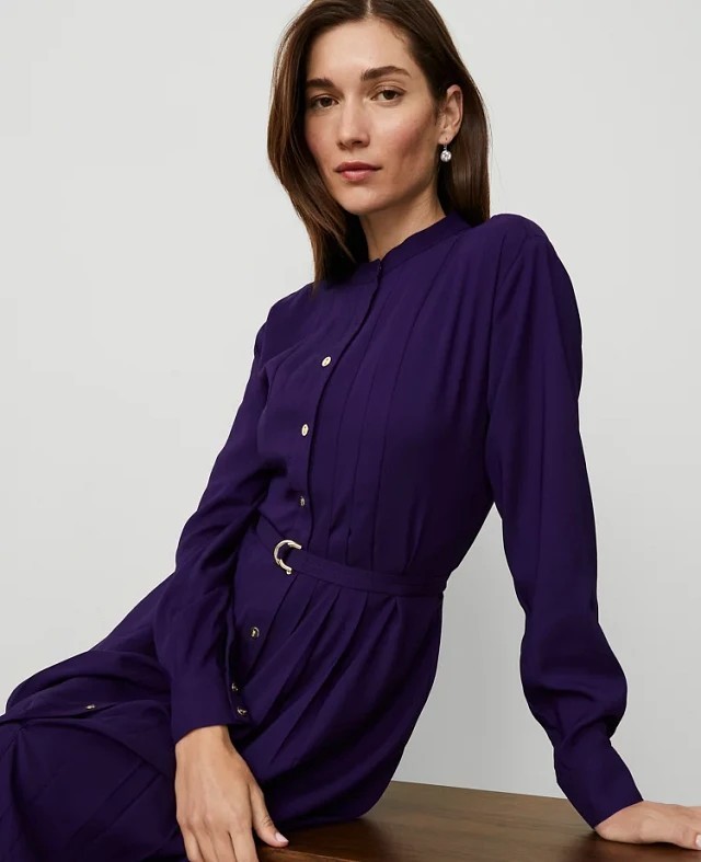 Ann Taylor Purple Pleated Shirt Dress Long Sleeve With Belt, 8 Ann Taylor Purple Pleated Shirt Dress Long Sleeve With Belt, 8