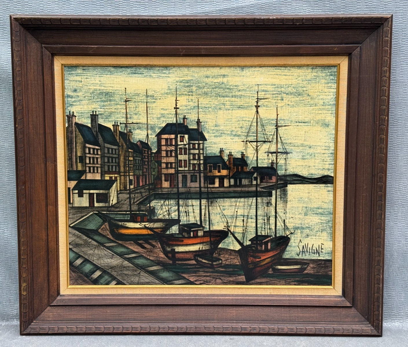 D.H. SAVIGNE ORIGINAL OIL PAINTING 20TH C. FRANCE FRENCH VILLAGE BOAT MARINA ART