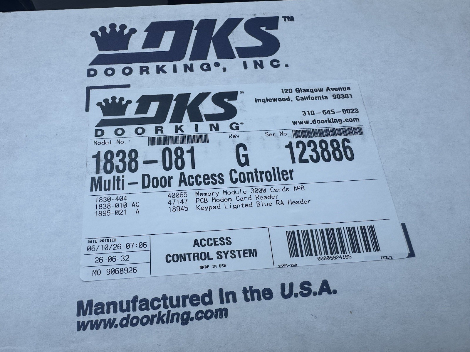 Doorking 1838-081 Complete Door Unit