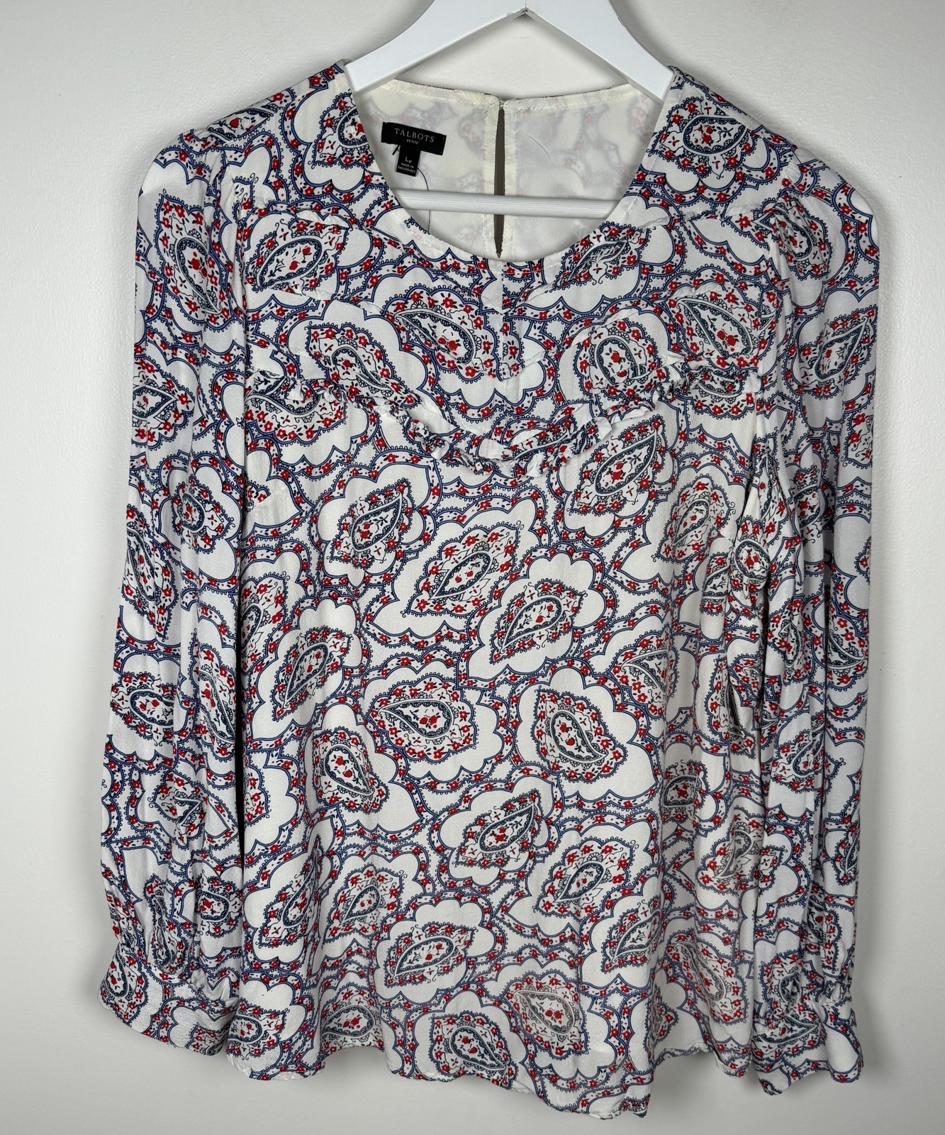 TALBOTS Petite Large Pintuck Yoke Paisley Ruffle Accent Keyhole Neck Blouse NWOT TALBOTS Petite Large Pintuck Yoke Paisley Ruffle Accent Keyhole Neck Blouse NWOT