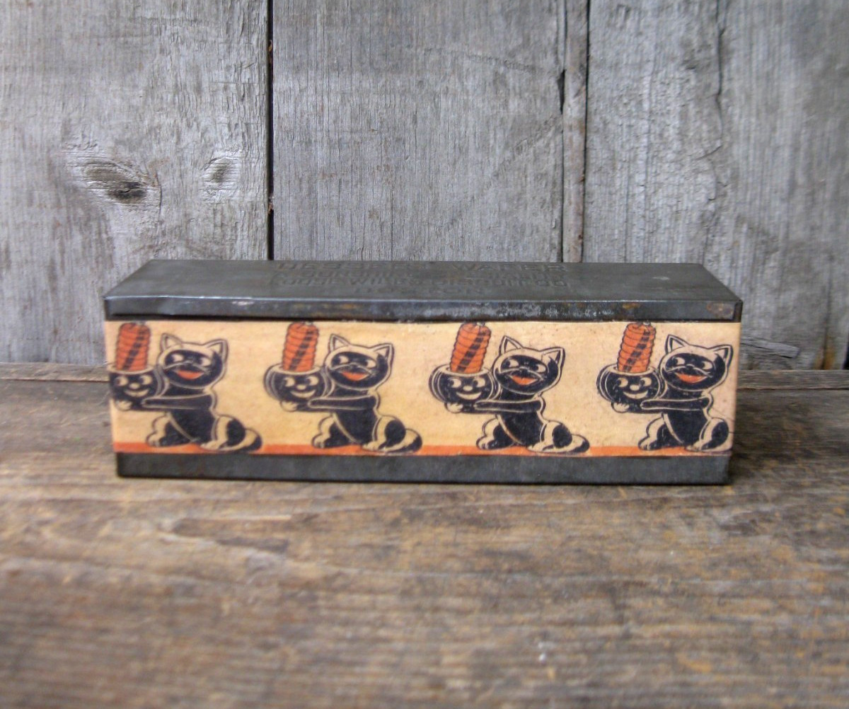 Antique Sunshine Biscuit Dessert Wafer Tin New Halloween Black Cat Label