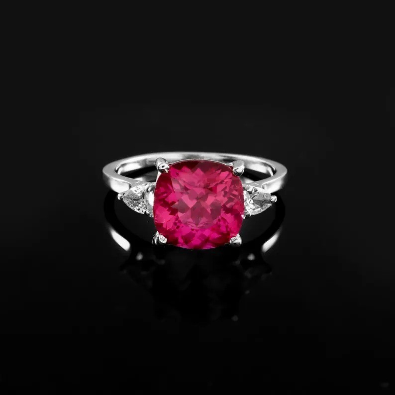 Elegant Pink Cushion Cut Ring 9x9 MM - Solitaire With Side Stones | 925 Silver