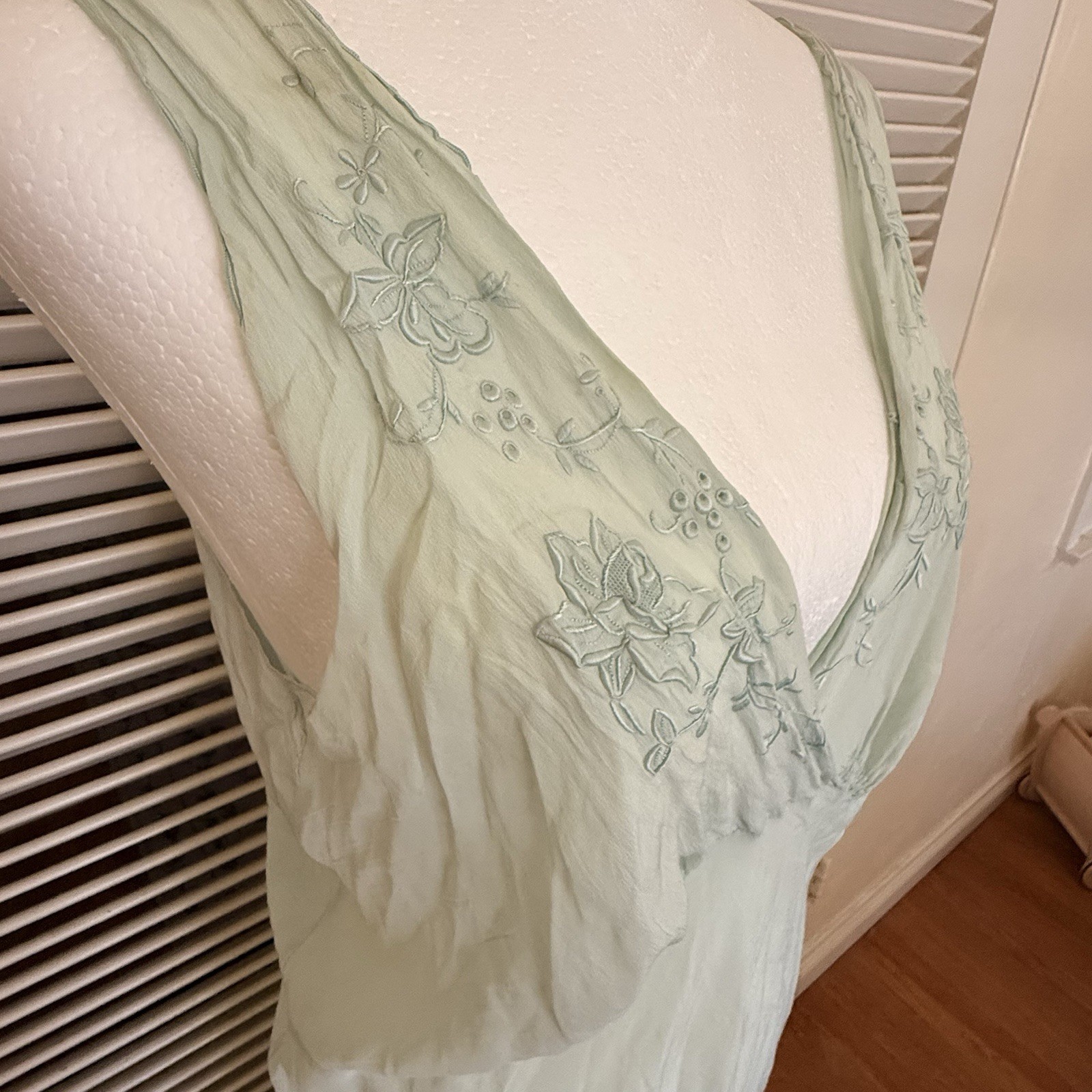 Vintage 1930s 40s Chinese Silk Nightgown Celadon Bias Embroidered Shanghai