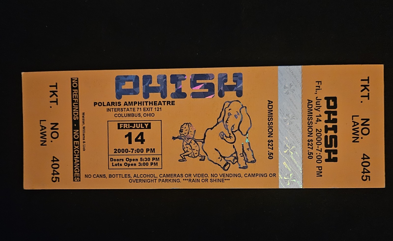 Phish untorn Ticket Polaris Amphitheatre Columbus, Ohio, July 14, 2000. Phish untorn Ticket Polaris Amphitheatre Columbus, Ohio, July 14, 2000.