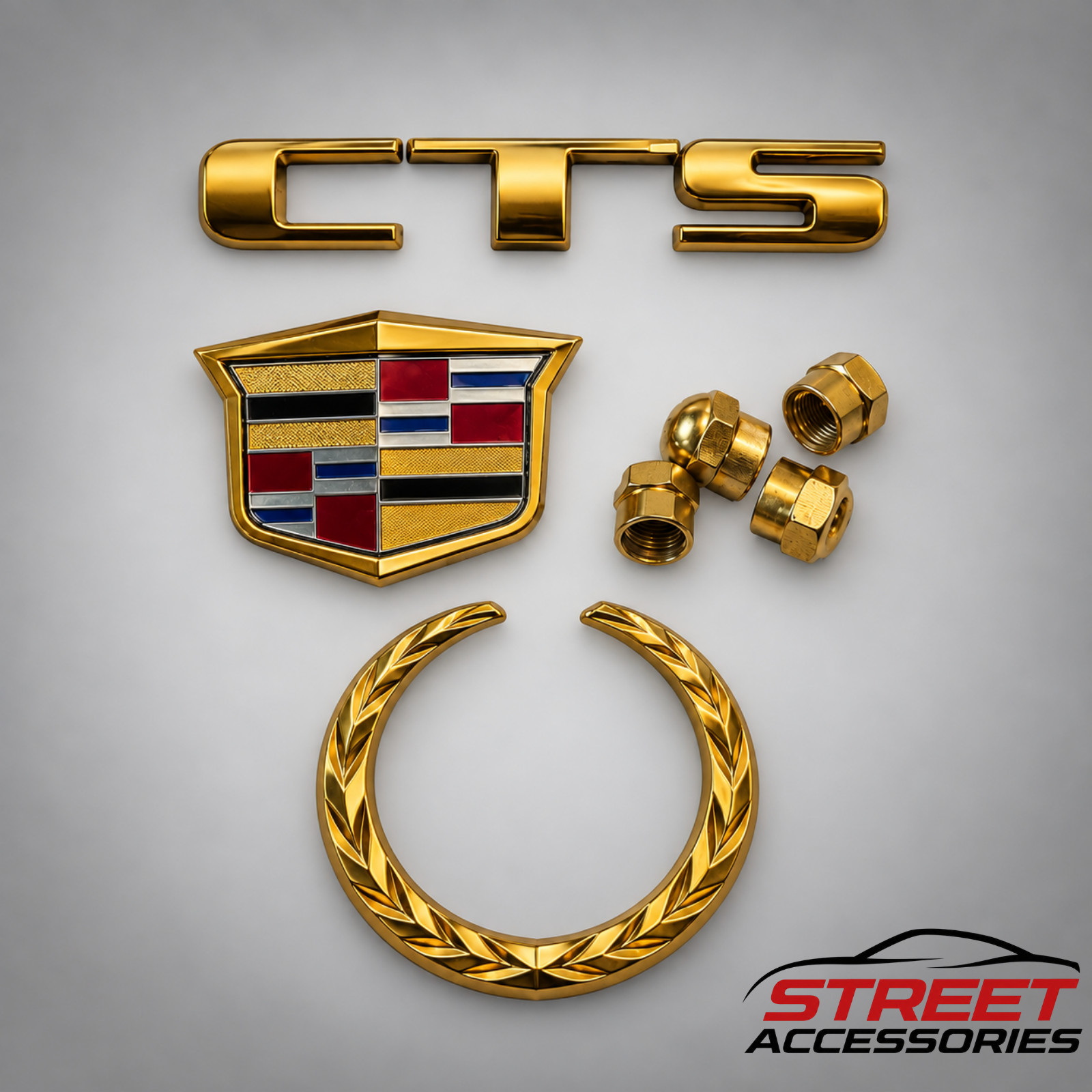 06-07 Cadillac CTS Gold Emblem Package NOS Crest Wreath Badge Valve Caps 2006 20