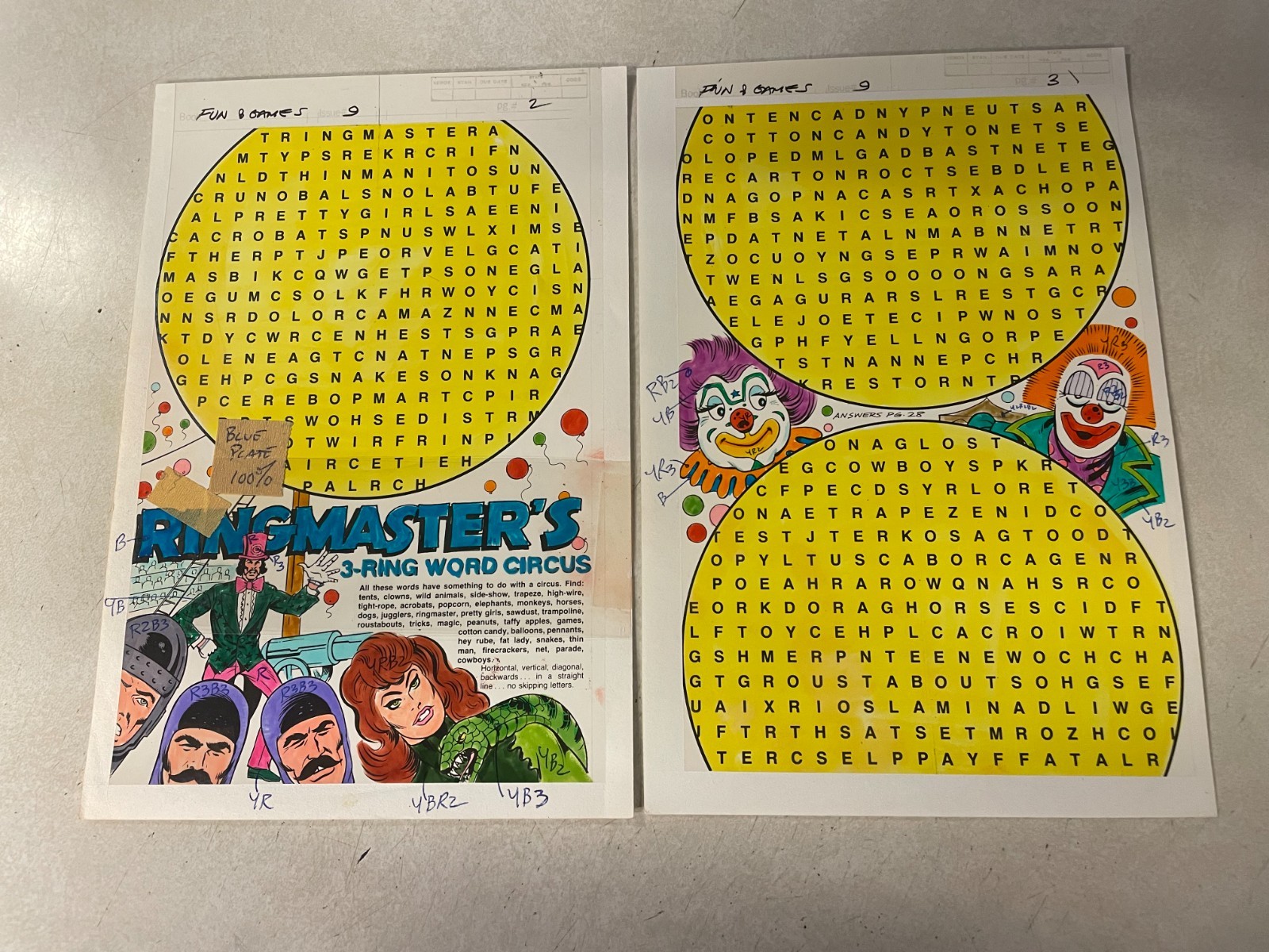 RINGMASTER art original comic color guides 1980 MARVEL 3 PGS 3 RING WORD CIRCUS