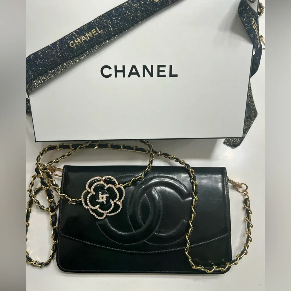 Chanel Black Crystal Patent Leather Wallet on Chain (WOC) added chain  Box card