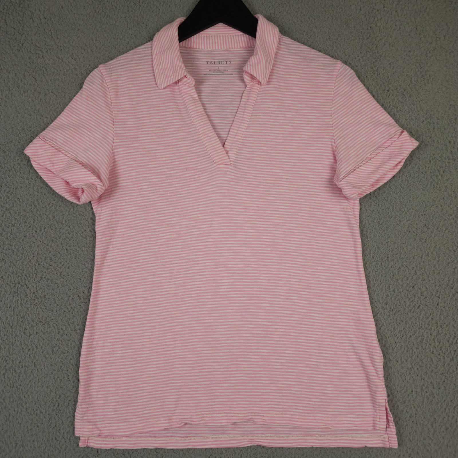 Talbots Shirt Small Pink White Striped Split Neck Slub Cotton Cuffed Top Preppy