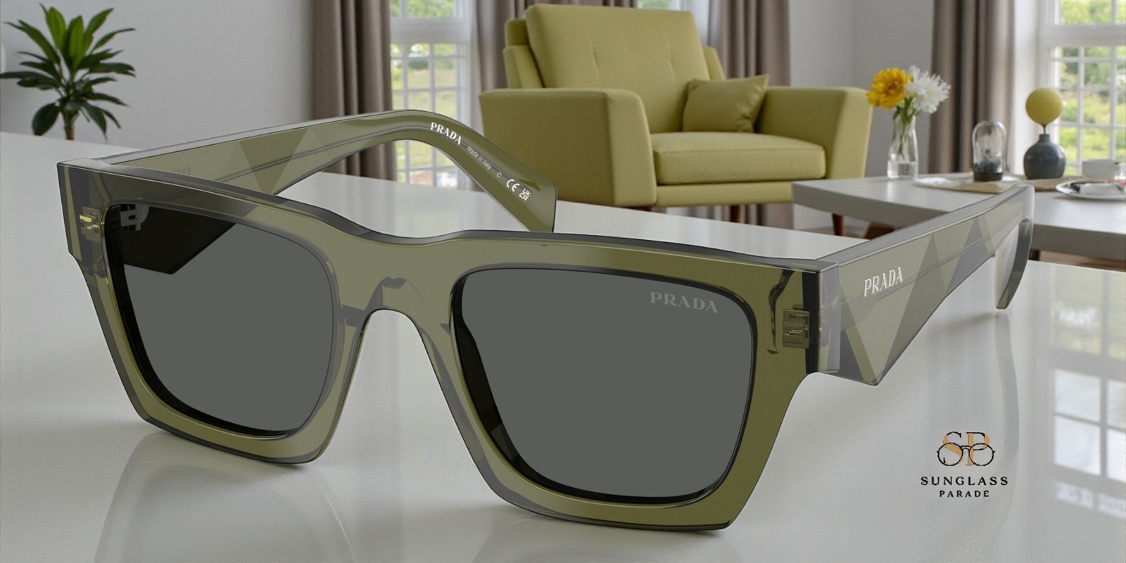 PRADA PR A06SF 25A40L Transparent Military Dark Grey 54 mm Men\'s Sunglasses